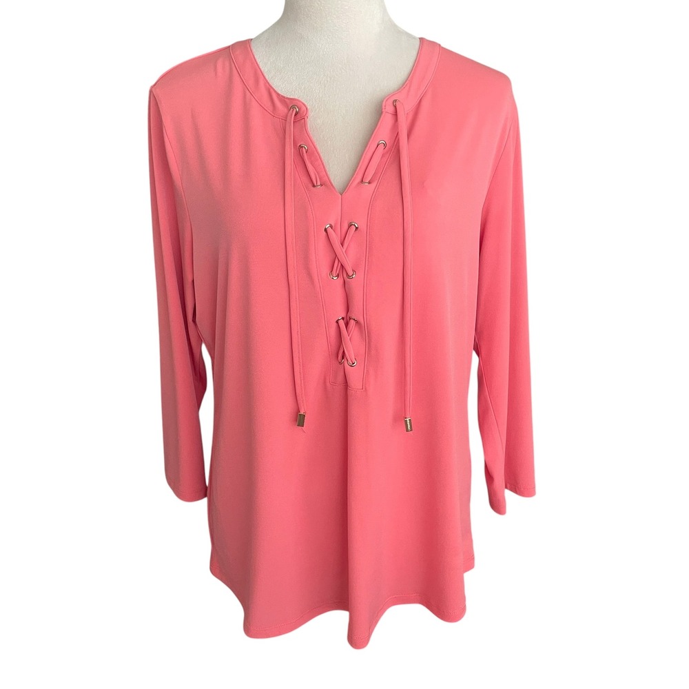Calvin Klein Coral Lace Up V-Neck 3/4 Sleeve Liquid Knit Top Size L